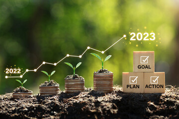 Seedlings are growing on the Coins stack compared to the year 2022-2023 and cubes with text plan, goal, and action. Concept of business growth, profit, and development to succeed in the year 2023. - obrazy, fototapety, plakaty