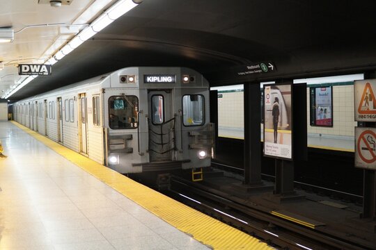 TTC line 2 subway train arriving at Christie Station in Toronto, Canada