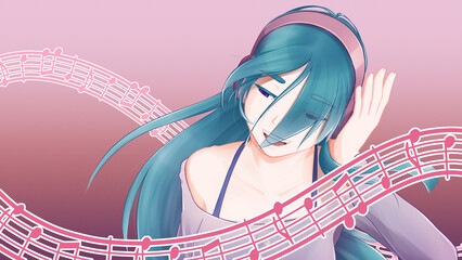 girl with headphones and happiness surrounded by musical notes