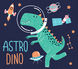 cute dino flying in space. 