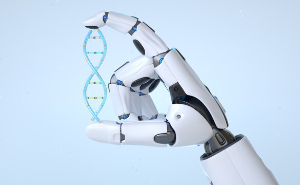 Robot android hand holding cyber DNA