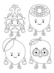 Set vector outline illustration of fruits mascot character for coloring book