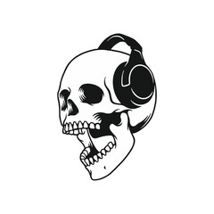 Skull with Headphones Vector Illustration. Design element for shirt design, logo, poster, banner, card