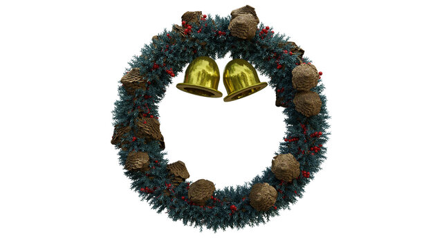 Christmas vintage wreath transparent png file with holly Ilex aquifolium and golden bells red fluits, pinecone .