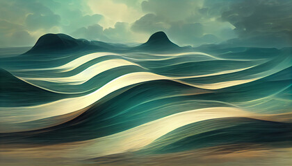 Abstraction. Landscape: white, blue wavy stripes create a picture of the sea. Rocks in the background. Sky in the clouds.