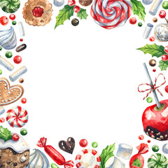 Christmas sweets frame. Traditional Christmas dessert decoration. Candies, cookies, lollipops, gingerbread, caramel background for postcards, menus, invitations.