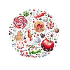 Traditional, Christmas sweets round watercolor illustration. Cookies, lollipops, gingerbread, candies, apple in caramel holiday sweets background.