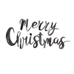 Merry Christmas text, watercolor illustration for cards, decor, print, congratulations label. Calligraphylettering, text, poster, card