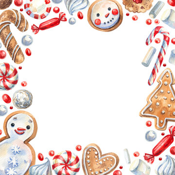 Christmas sweets frame. Traditional Christmas dessert decoration. Candies, cookies, lollipops, gingerbread, caramel background for postcards, menus, invitations.