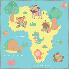 African animals living in savannah. African animals in the nature. Map of Africa with wild animals. The fauna of Africa.