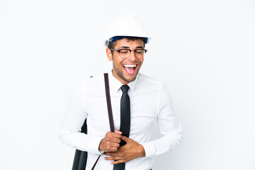 Architect brazilian man with helmet and holding blueprints smiling a lot