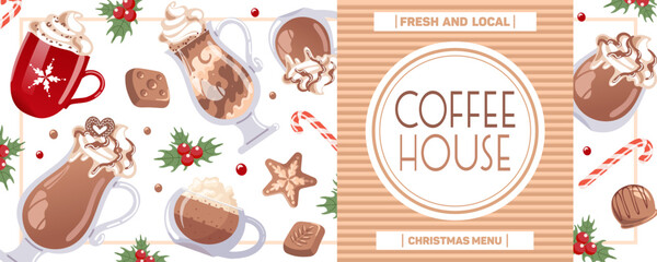 Winter Christmas drinks. Cappuccino, latte and mocha in a glass, whipped cream, chocolates, candy cane, holly. Horizontal banner for coffee shop, cafe, barista. for banner, flyer, advertising, menu.