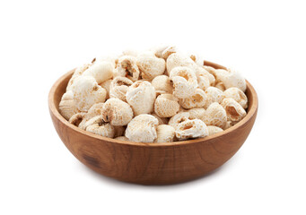 traditional Korean popcorn or Gangnange in wood bowl isolated on white background            
