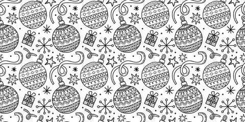Vector seamless pattern. Christmas tree decoration. New Year Eve celebration Winter season theme Ornament witn many baubles, ribbons, snowflakes and presents Festive background repetitive illustration