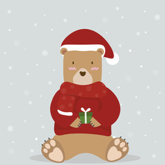vector illustration of cute bear holding a gift box over snowflake background for Merry Christmas concept
