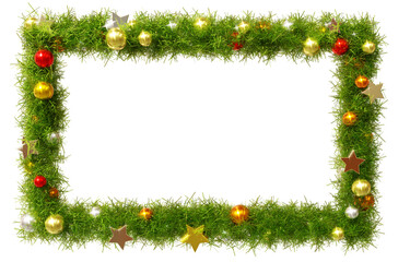Beautiful christmas wreath 1 to 1.68 rectangle frame with shiny stars and colorful orbs, on transparent background (RGBA 3D Rendering PNG)