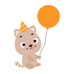 Cute little cat in birthday hat holding balloon. Cartoon animal character for kids t-shirt, nursery decoration, baby shower, greeting card, house interior. Vector stock illustration