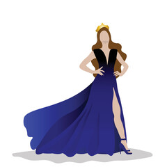 Vector illustration of a beauty queen in elegant evening gown in dark blue tone on white background