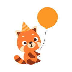 Cute little red panda in birthday hat holding balloon. Cartoon animal character for kids t-shirt, nursery decoration, baby shower, greeting card, house interior. Vector stock illustration
