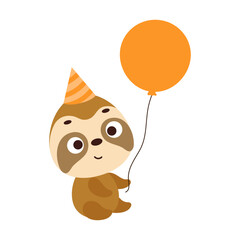 Cute little sloth in birthday hat holding balloon. Cartoon animal character for kids t-shirt, nursery decoration, baby shower, greeting card, house interior. Vector stock illustration © Jexy