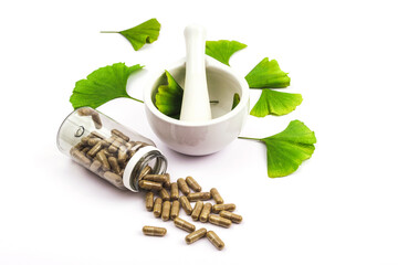Pills and fresh green ginkgo biloba leaves, mortar and pestle on white background. Top view
