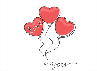 Continuous one line drawing of heart balloons with inscription  