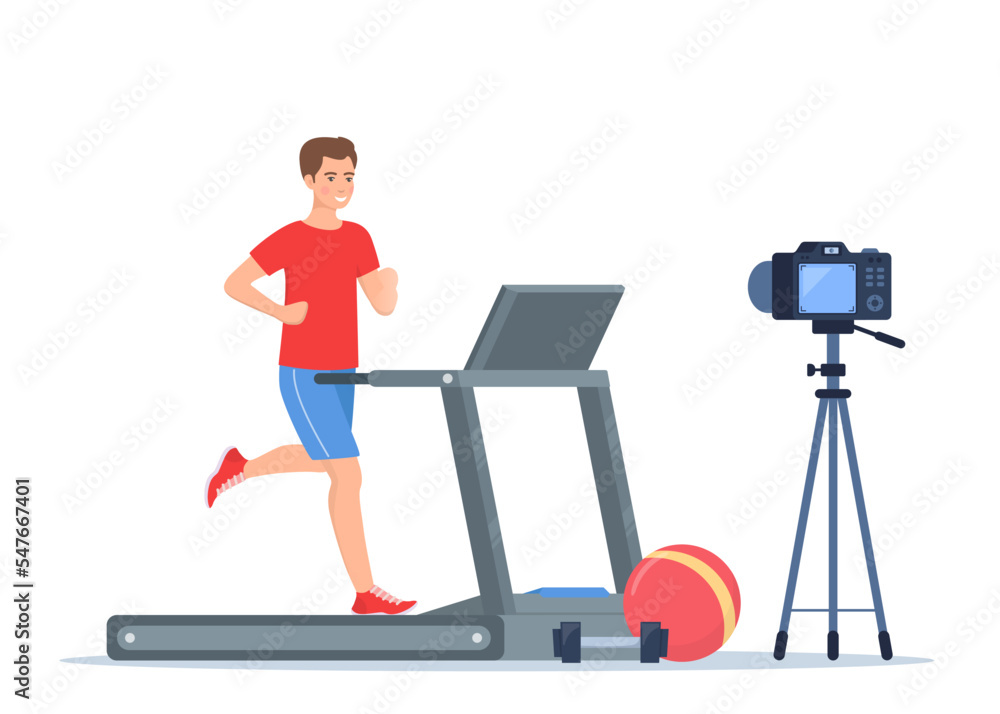 Aufkleber man blogger running on treadmill recording video with camera on tripod. social network blogging, hea