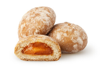 Isolated icing cakes. Pile of two cake and a half with apricot filling isolated on white background with clipping path