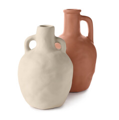 Two clay flagons with handles on white background