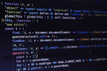 Software source code. Programming code. Programming code on computer screen. Developer working on...