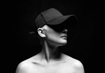 Short Hair Beautiful young woman in Hat. Black and white portrait