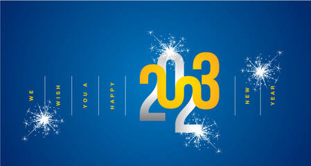 We wish you a Happy New Year 2023 new orange modern logo for 2023 design shining firework blue template greeting card design vector