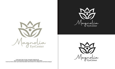logo illustration vector graphic of magnolia flower combined with eye. - obrazy, fototapety, plakaty