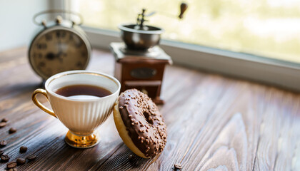 white kettle and cup on table. Breakfast by window. Chocolate donat next to scattered coffee beans.