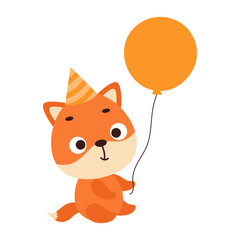 Cute little fox in birthday hat hold balloon on white background. Cartoon animal character for kids t-shirt, nursery decoration, baby shower, greeting card, house interior. Vector stock illustration © Jexy