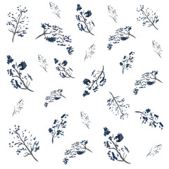 Universal seamless winter pattern with blue watercolor leaves