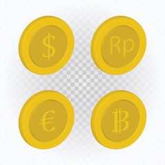 Realistic coin, usd, rupiah, eoro, bitcoin clip art vector with isolated background.
