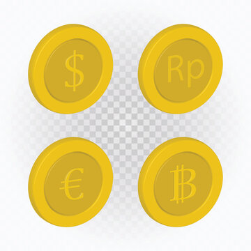 Realistic coin, usd, rupiah, eoro, bitcoin clip art vector with isolated background.