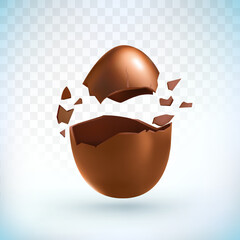 Chocolate egg explosion. Easter egg. Chocolate egg surprise broken on two sides, pieces of crushed chocolate. Vector illustration.