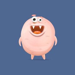 Fototapeta premium Vector cartoon funny pink alien monster isolated on blue background. Smiling silly pink monster print sticker design template. Cute Ghost, troll, gremlin, goblin, devil and halloween monster