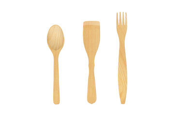wooden kitchen spatula, spoon and fork, kitchen utensil, cooking tool isolated from background
