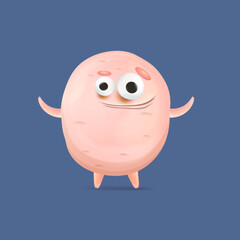 Vector cartoon funny pink alien monster isolated on blue background. Smiling silly pink monster print sticker design template. Cute Ghost, troll, gremlin, goblin, devil and halloween monster