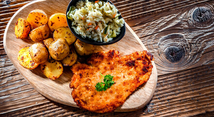 Chicken cutlet coated with breadcrumbs with potatoes and cabbage