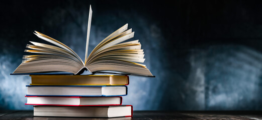 A composition with an open book lying on a stack of other books