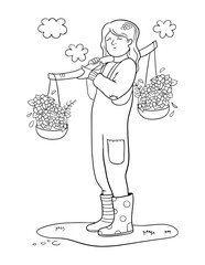Comic illustration with flower kid for coloring page. Outline illustration on white background for book design