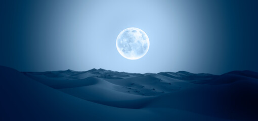 Beautiful landscape with sand dunes in the Sahara desert super blue full moon in the background- Sahara, Morocco "Elements of this image furnished by NASA"