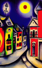 Colorful european small old vintage town at night, colored small houses with colorful roof and small cute street. Digital naive modern surrealism art illustration