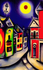Obraz premium Colorful european small old vintage town at night, colored small houses with colorful roof and small cute street. Digital naive modern surrealism art illustration