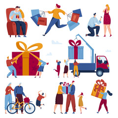 People at holiday give gifts in boxes for birthday, Christmas, celebration event vector illustration, isolated on white.