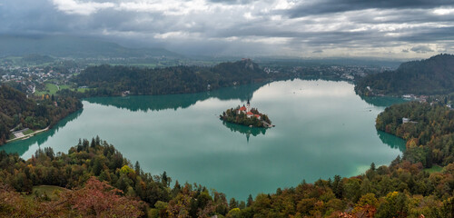 Peaceful view on lake Bled and the island with its pilgrimage church Assumption of Mary, Slovenia